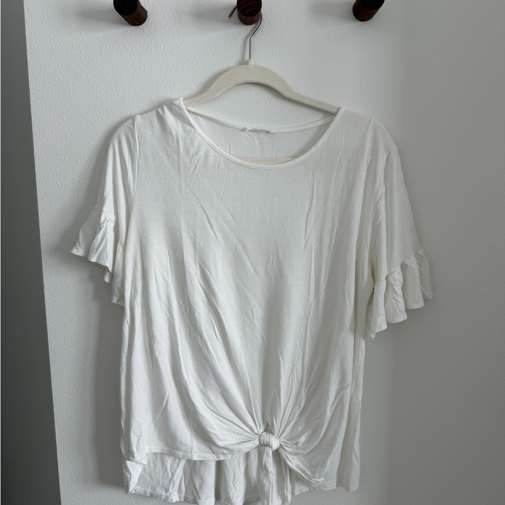 Women's White Knot-Front Ruffle Sleeve Tee